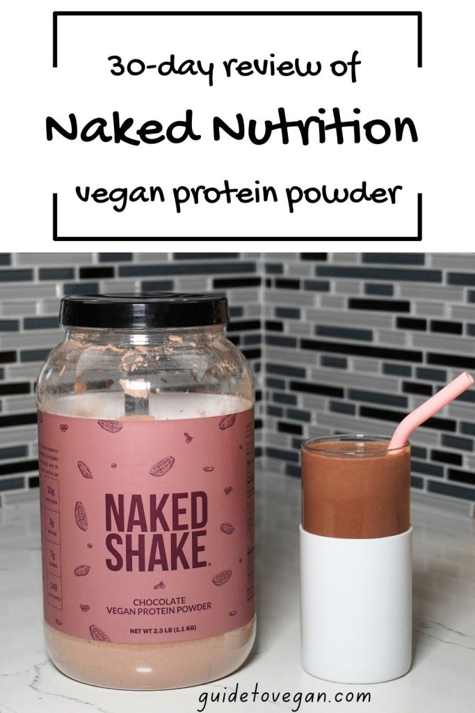 Tub of Naked Nutrition vegan protein powder next to a chocolate protein shake