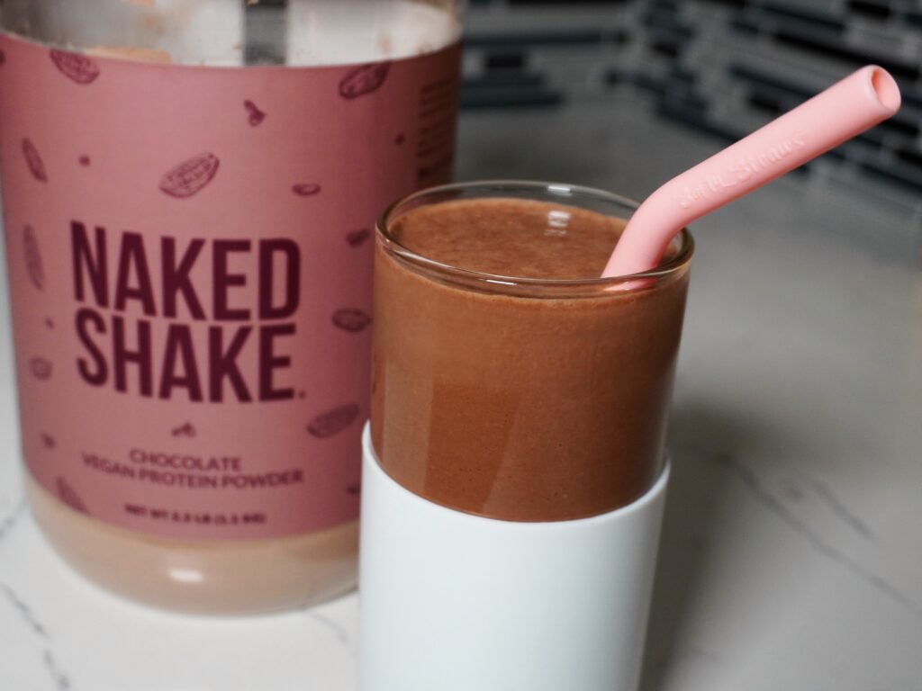 Chocolate vegan protein shake made with the Naked Nutrition pea protein powder