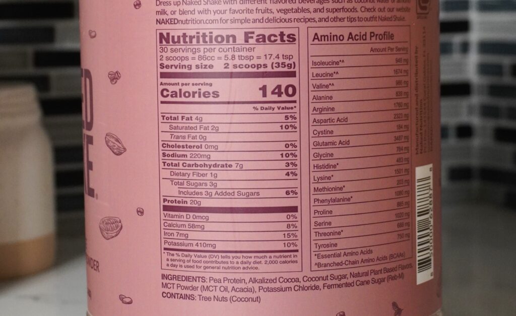 Nutrition facts of the Naked Nutrition vegan protein powder