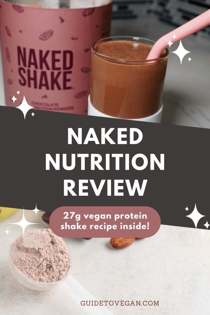 Tub of Naked Nutrition vegan protein powder with a vegan shake